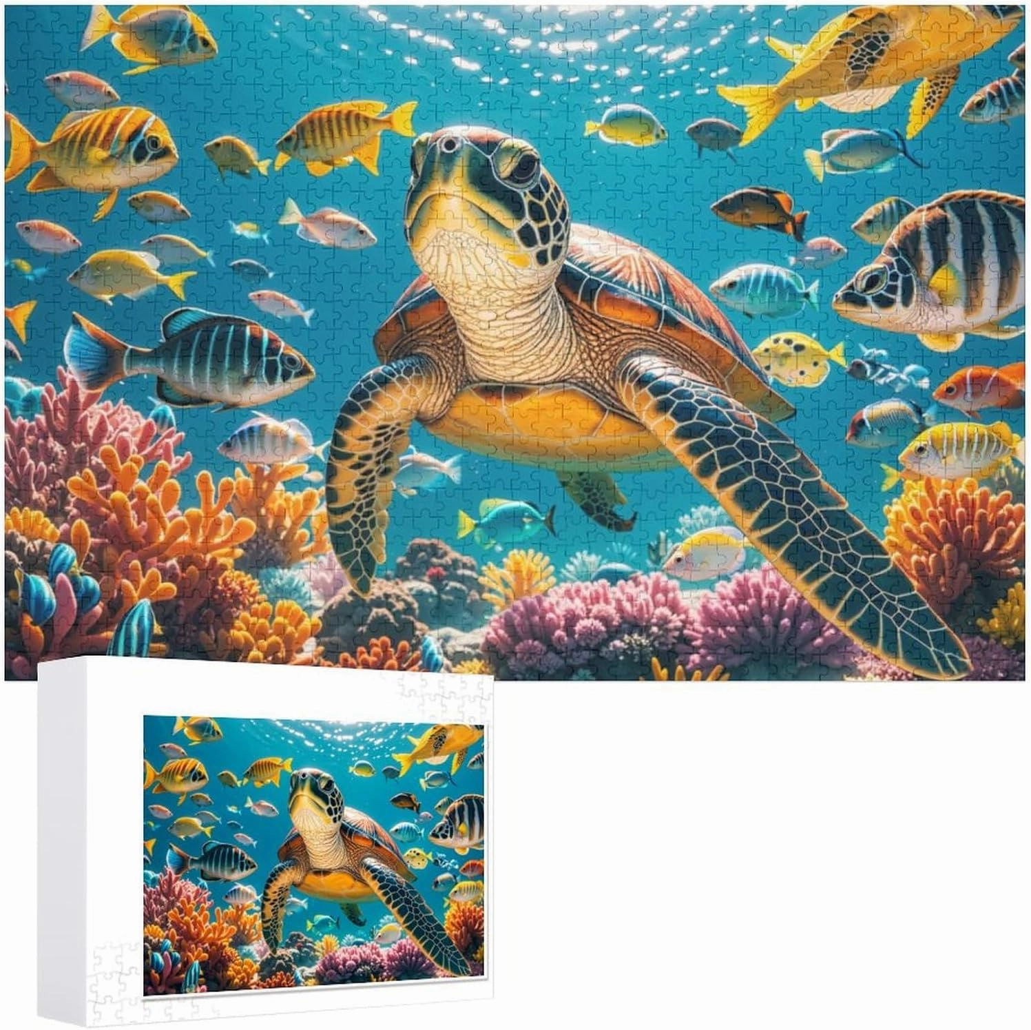 Wooden Puzzle - Turtles in a School of Fish Jigsaw Puzzles，Wooden Puzzles for Adults 1000 Pieces Unique Gifts for Wall Art，Challenge Puzzles，Educational Games，Family Puzzles