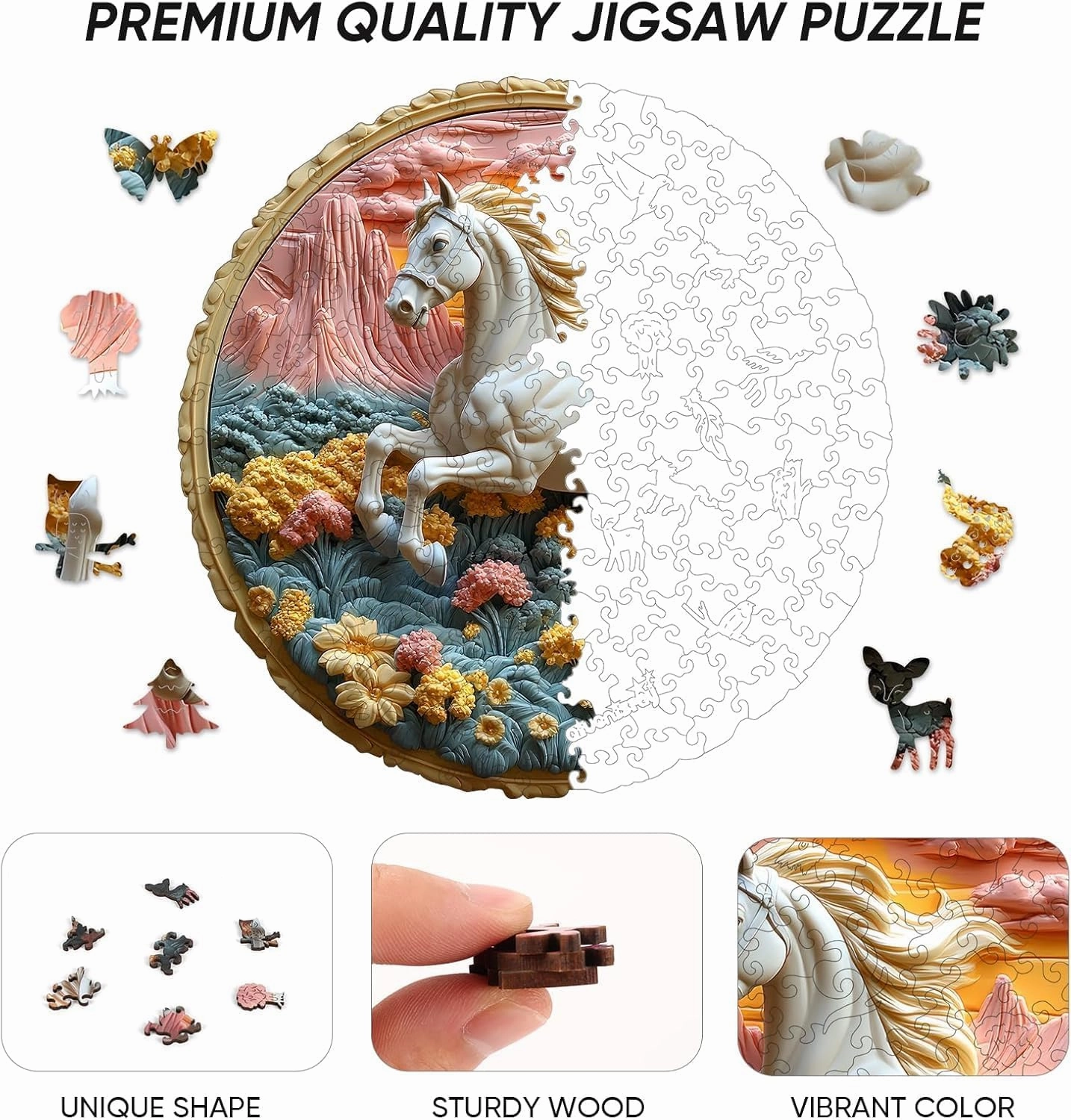 Wooden Puzzle for Adults 200 Piece - 3D Vision Effect Galloping White Horse Wooden Puzzle Unique Shape Advanced Wooden Jigsaw Puzzle, Wood Puzzles, Challenge Wooden Jigsaw Puzzle(11.2 x 11.2 in)