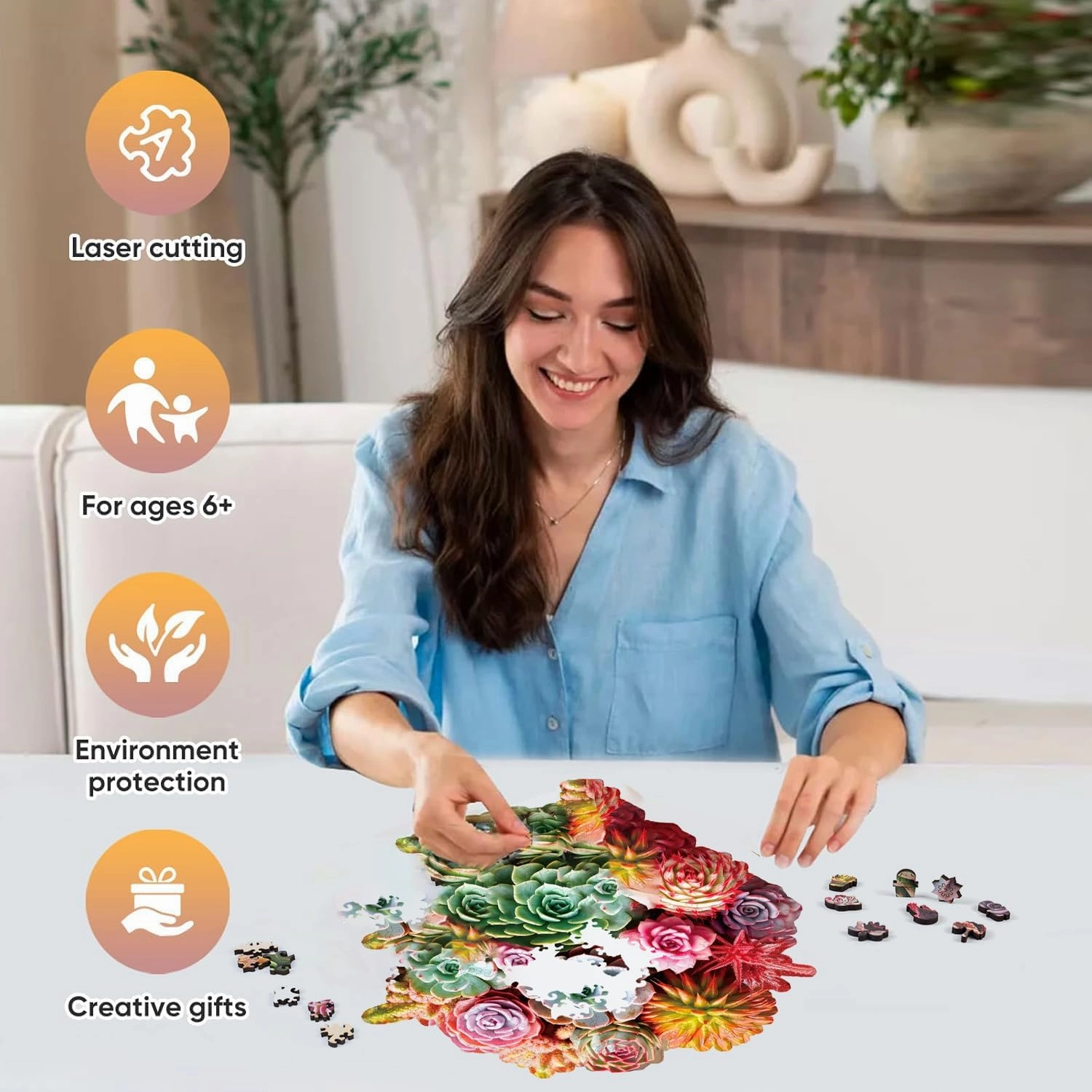 Wooden Puzzles for Adults, Colorful Succulent Puzzle for Mom, Challenging Puzzle, 200 Piece Luxurious Shaped Wooden Puzzles for Family Game Medium 11.3 * 10.5in