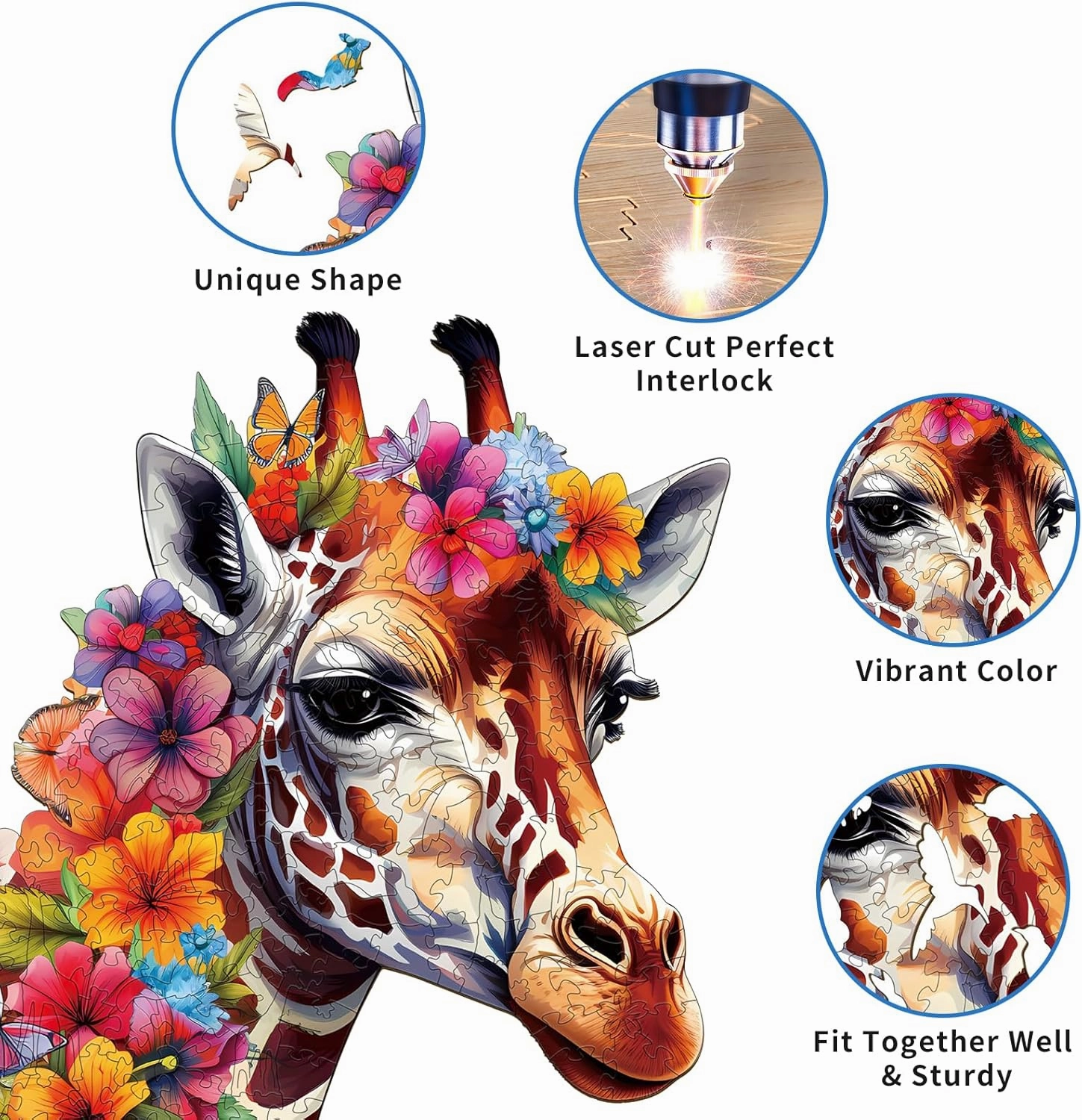 Wooden Puzzles for Adults, Flowers Giraffes (L-235pcs) Wooden Jigsaw Puzzles Kids, 13.6 * 11.5in Unique Shaped Animal Wood Puzzles Adults, Fathers Birthday Family Games