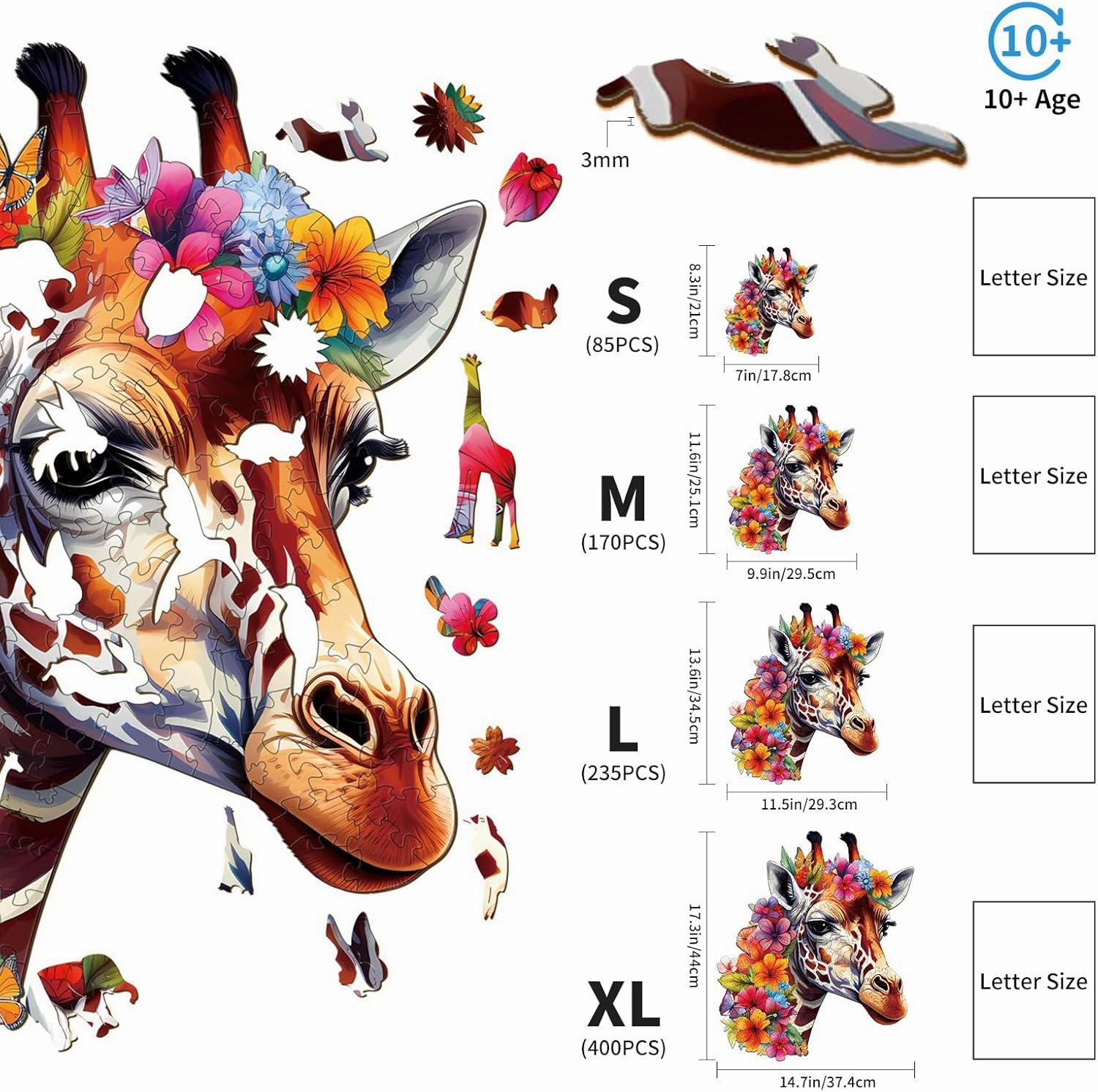 Wooden Puzzles for Adults, Flowers Giraffes (L-235pcs) Wooden Jigsaw Puzzles Kids, 13.6 * 11.5in Unique Shaped Animal Wood Puzzles Adults, Fathers Birthday Family Games