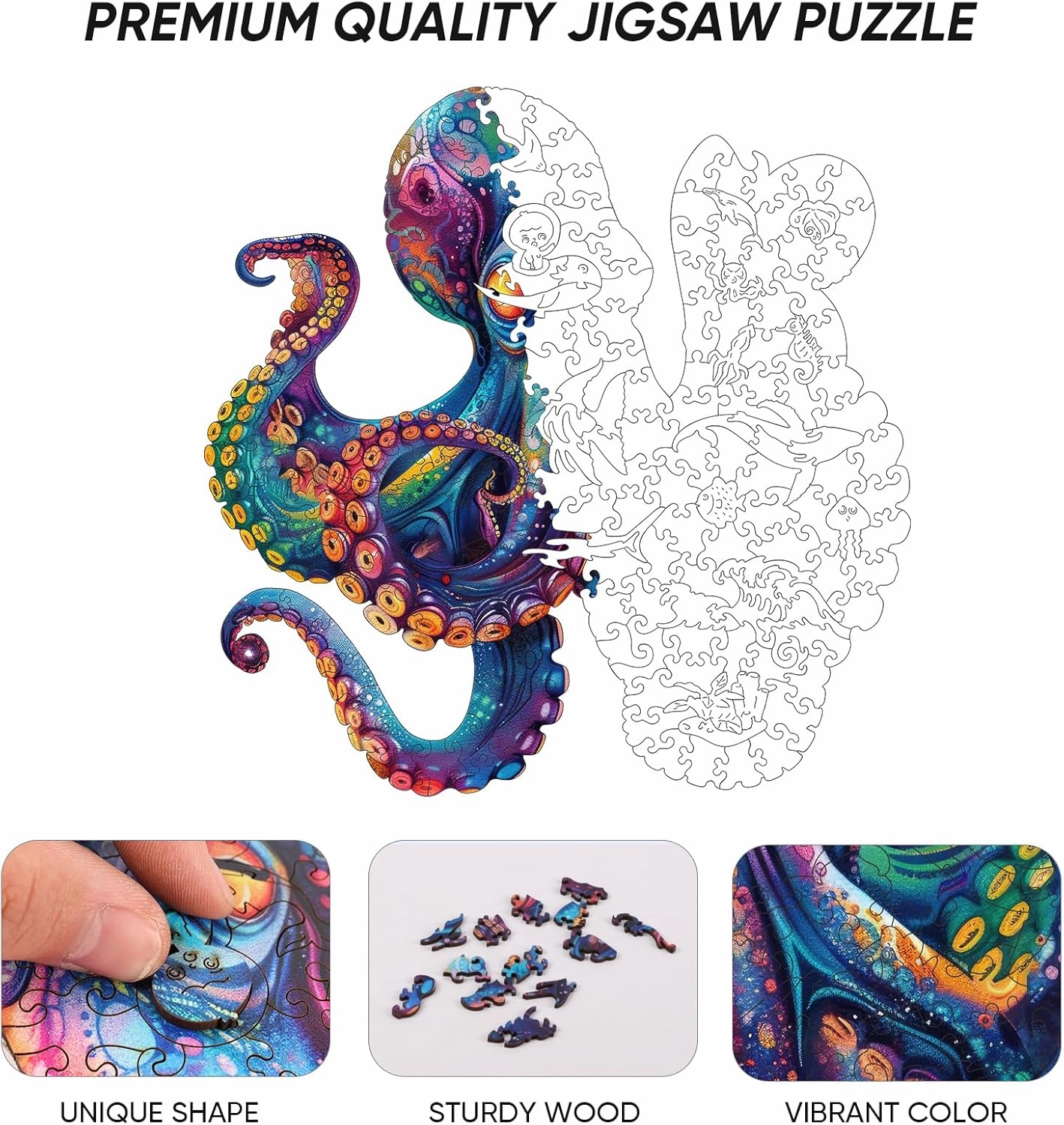 Wooden Puzzles for Adults,Octopus Wooden Jigsaw Puzzles 500pcs,16.9x16.9in,Royal,Unique Shape Ocean Adult Puzzles,Irregular Wood Puzzles Creative Gift for Adults and Kids Family Game