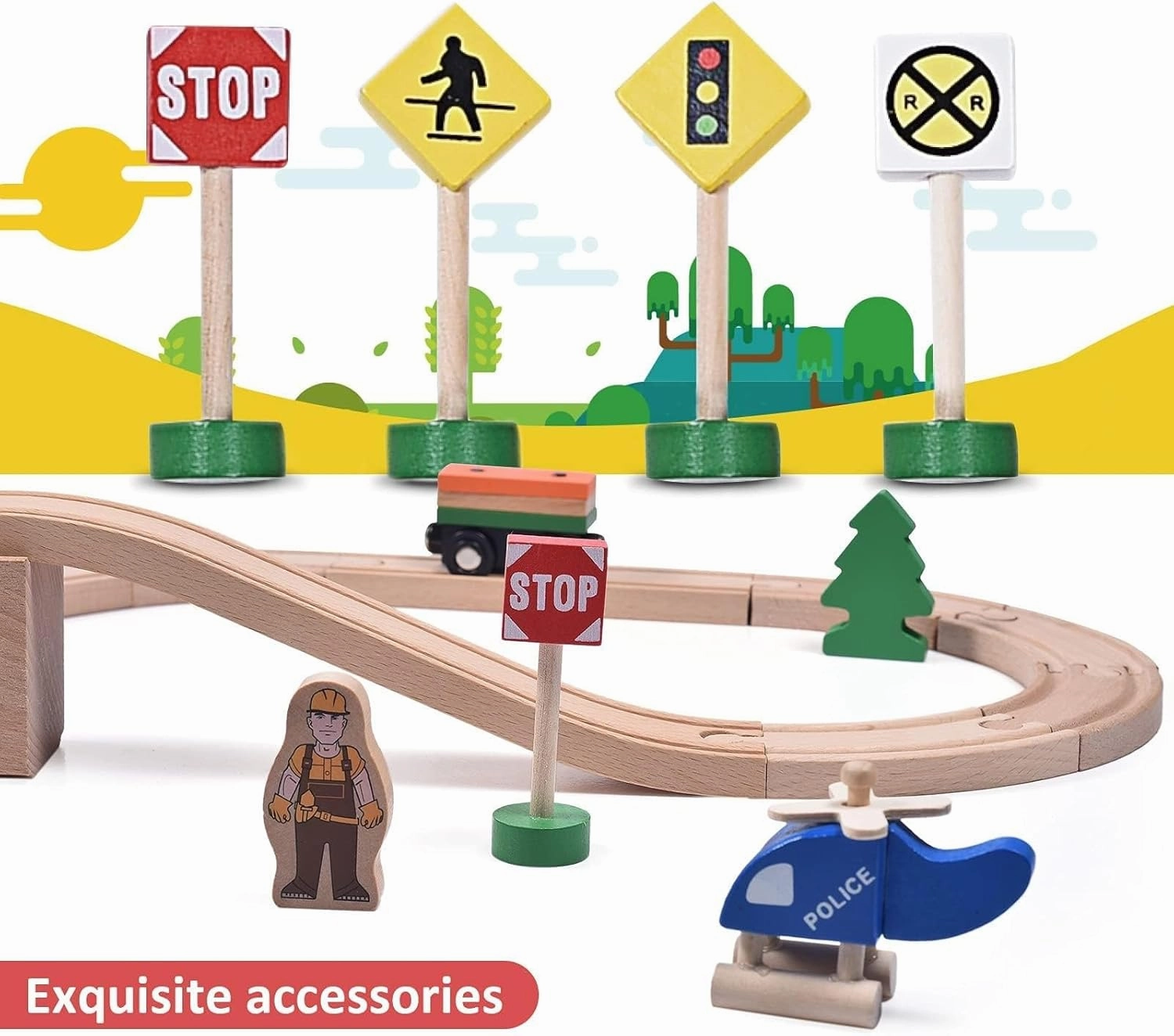 Wooden Train Set,39 Pcs-with All-Wood Train Tracks with Double Sided Wooden Tracks and Color Box for 3  Year Old Boys and Girls Toddler-Fits Thomas Brio Melissa and Doug… (39PC)