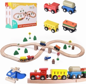 Wooden Train Set,39 Pcs-with All-Wood Train Tracks with Double Sided Wooden Tracks and Color Box for 3  Year Old Boys and Girls Toddler-Fits Thomas Brio Melissa and Doug… (39PC)
