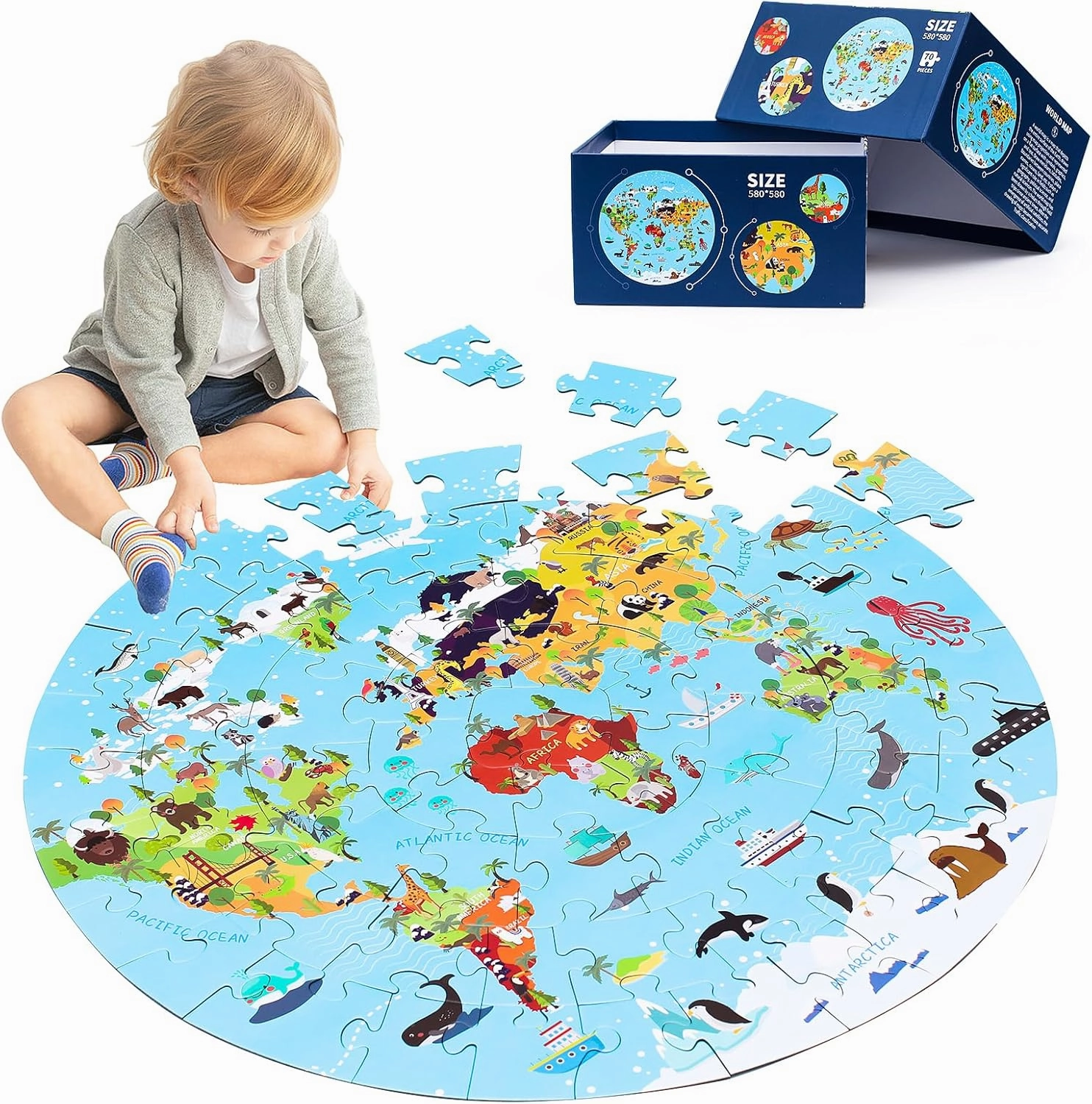World Map Jigsaw Puzzle for Kids 4-8, 70 Piece Globe Large Round Floor Puzzles for Kids Ages Toddler Puzzle Geography Games Educational Toys Birthday for Children