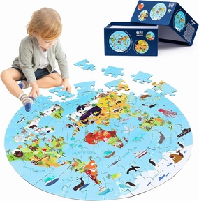 World Map Jigsaw Puzzle for Kids 4-8, 70 Piece Globe Large Round Floor Puzzles for Kids Ages Toddler Puzzle Geography Games Educational Toys Birthday for Children