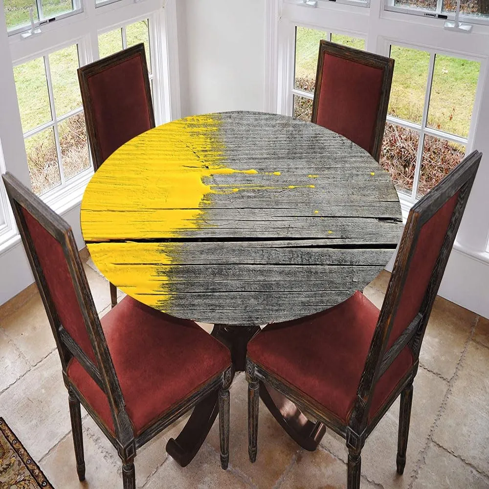 Yellow Round Fitted Tablecloth, Wooden Board Paint Splashes Brush Stroke Design Elements, Suitable for Wedding/Banquet/Restaurant/Party, Fit for 32" Table, Yellow Grey