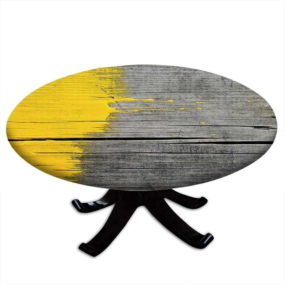 Yellow Round Fitted Tablecloth, Wooden Board Paint Splashes Brush Stroke Design Elements, Suitable for Wedding/Banquet/Restaurant/Party, Fit for 32" Table, Yellow Grey
