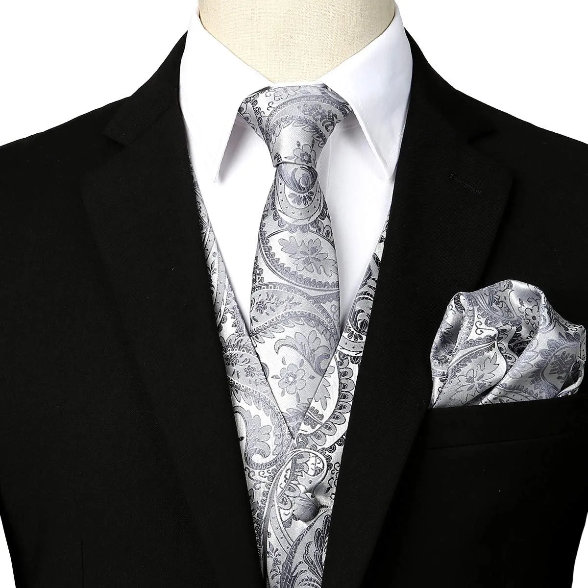 ZEROYAA Mens Classic 3pc Jacquard Paisley Vest Set Necktie Pocket Square Waistcoat for Suit or Tuxedo