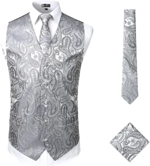 ZEROYAA Mens Classic 3pc Jacquard Paisley Vest Set Necktie Pocket Square Waistcoat for Suit or Tuxedo
