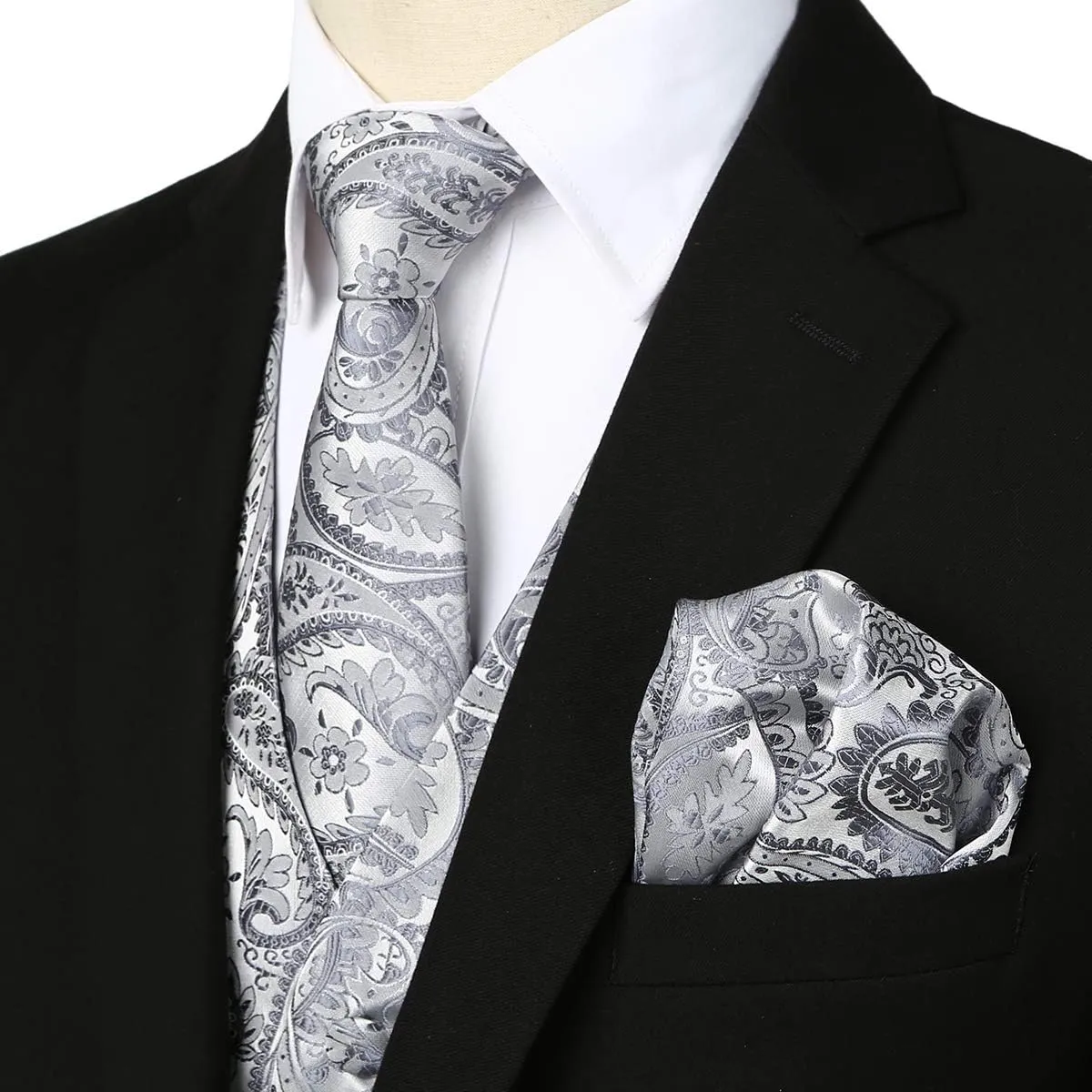 ZEROYAA Mens Classic 3pc Jacquard Paisley Vest Set Necktie Pocket Square Waistcoat for Suit or Tuxedo