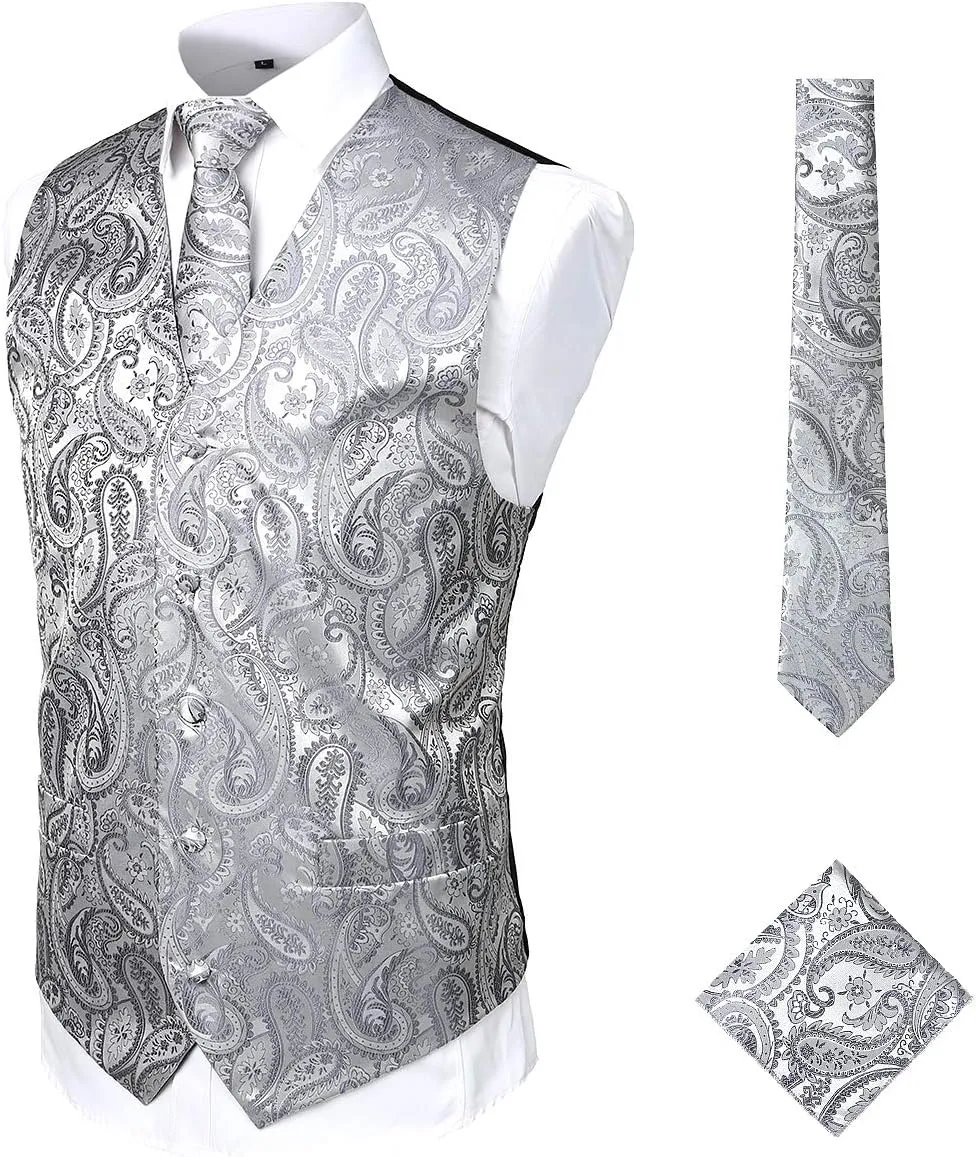 ZEROYAA Mens Classic 3pc Jacquard Paisley Vest Set Necktie Pocket Square Waistcoat for Suit or Tuxedo