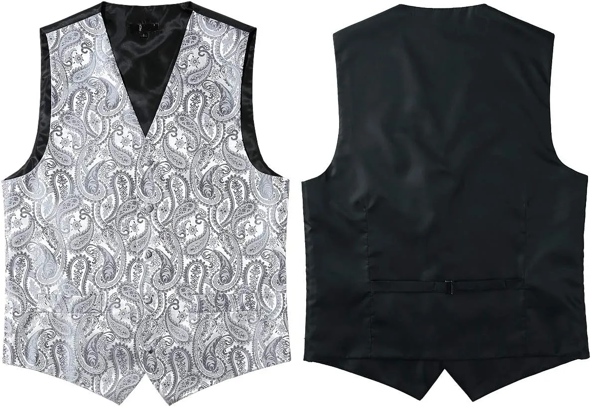 ZEROYAA Mens Classic 3pc Jacquard Paisley Vest Set Necktie Pocket Square Waistcoat for Suit or Tuxedo