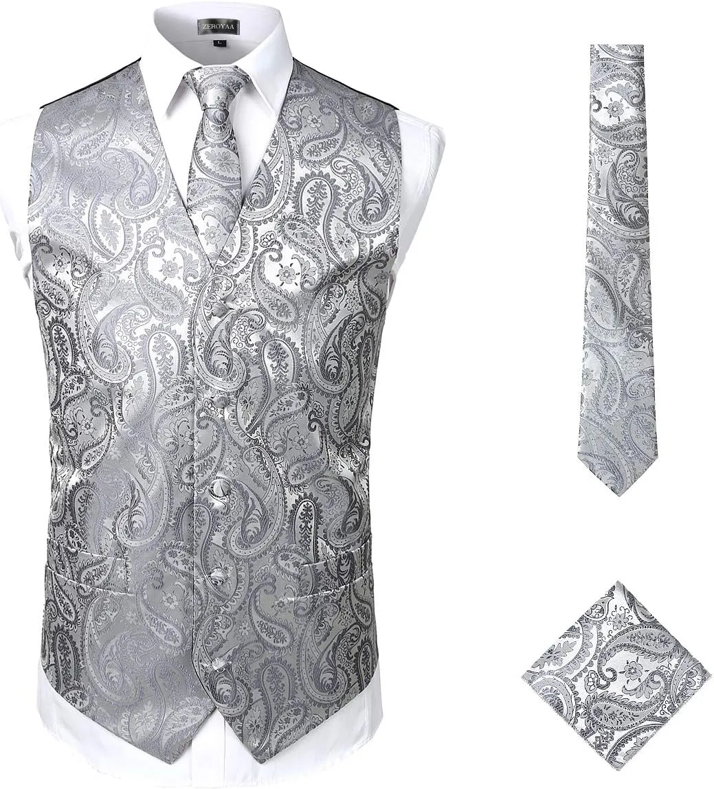 ZEROYAA Mens Classic 3pc Jacquard Paisley Vest Set Necktie Pocket Square Waistcoat for Suit or Tuxedo