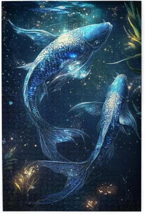 Zodiac Soulmates Jigsaw Puzzles For Adults 1000 Pieces, Twin Fish Connected By Stardust In Deep Blue Universe,Whimsical Wooden Jigsaw Pieces.Enjoy The Puzzle Solving Process