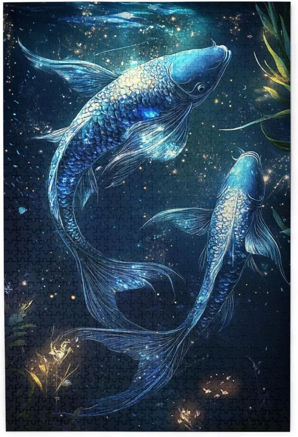 Zodiac Soulmates Jigsaw Puzzles For Adults 1000 Pieces, Twin Fish Connected By Stardust In Deep Blue Universe,Whimsical Wooden Jigsaw Pieces.Enjoy The Puzzle Solving Process