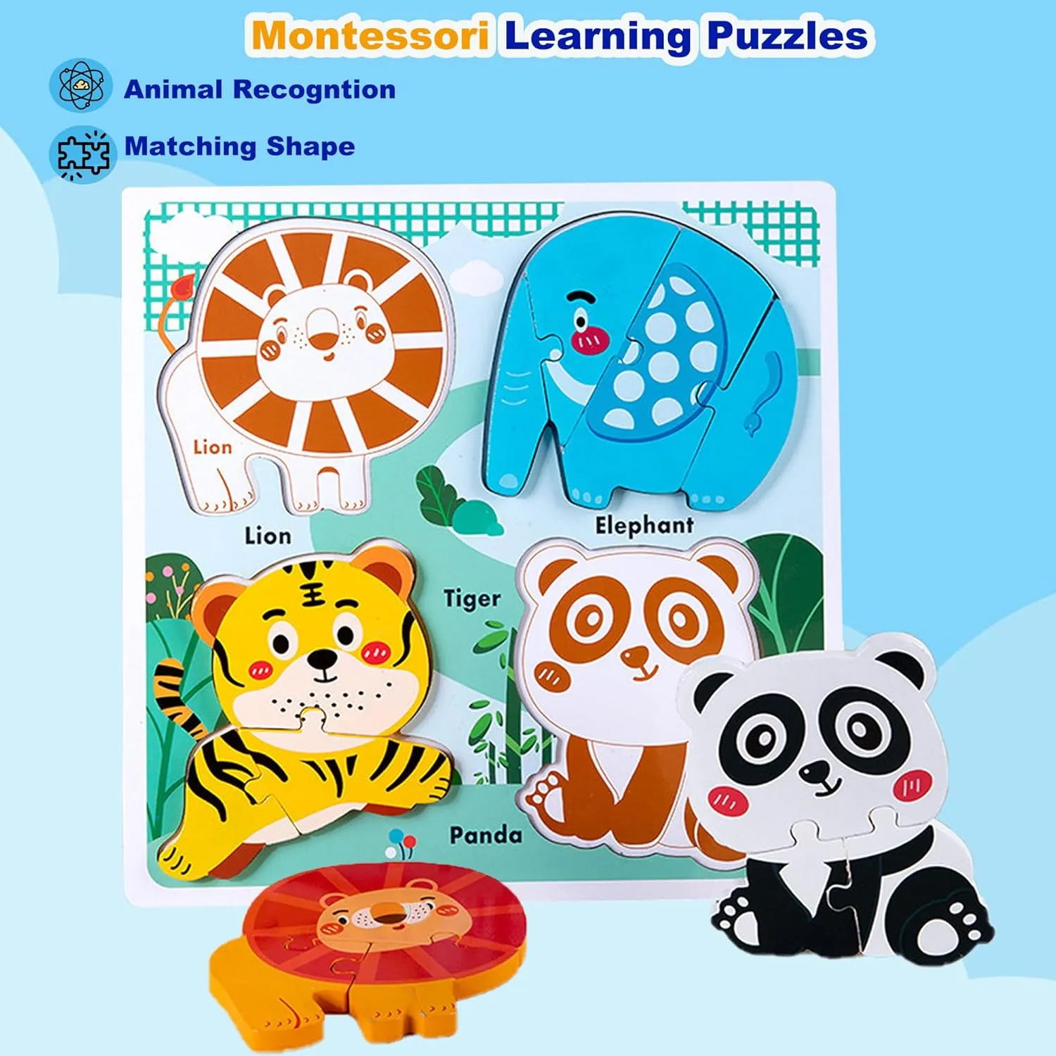 Zoo Safari Animal Toddler Puzzles Ages 1-3, Wooden Puzzles for Toddlers 2-4, Fun Educational Toys for 18-36 Months Baby,Crafted Wood Birthday Gifts for 24  Month Little Girls Boys