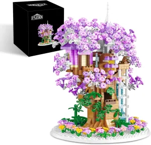 ZYLEGEN Cherry Blossom Tree House Building Kit with Light,Sakura Tree House Mini Bricks Sets Flower Botanical Collection Building Toy,Creative for Home/Office Desk Décor(1,380Pcs)
