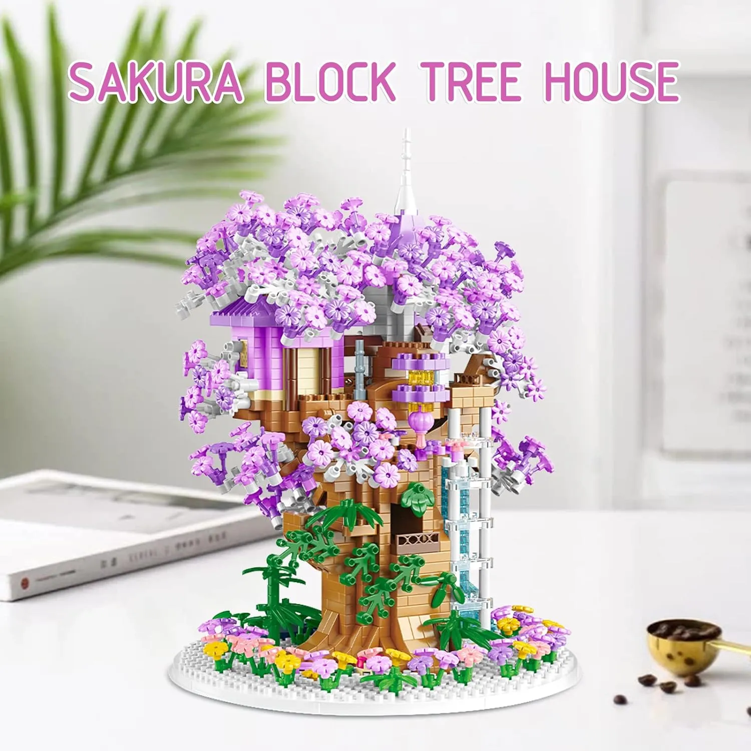 ZYLEGEN Cherry Blossom Tree House Building Kit with Light,Sakura Tree House Mini Bricks Sets Flower Botanical Collection Building Toy,Creative for Home/Office Desk Décor(1,380Pcs)