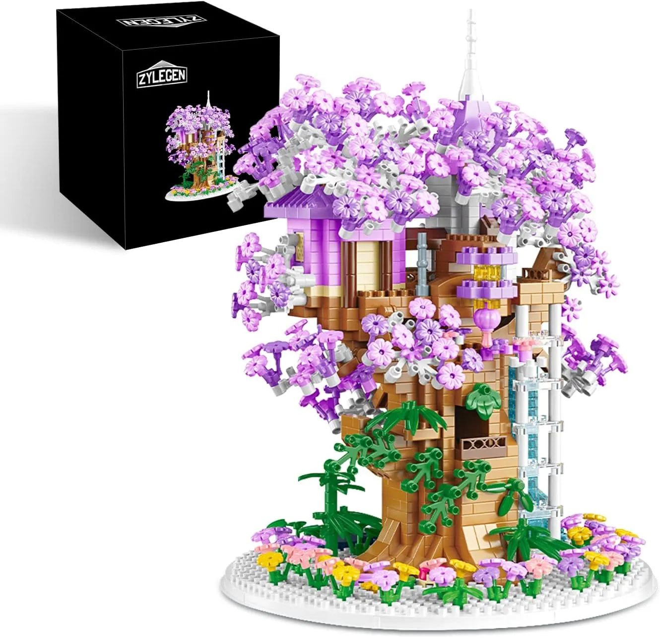 ZYLEGEN Cherry Blossom Tree House Building Kit with Light,Sakura Tree House Mini Bricks Sets Flower Botanical Collection Building Toy,Creative for Home/Office Desk Décor(1,380Pcs)